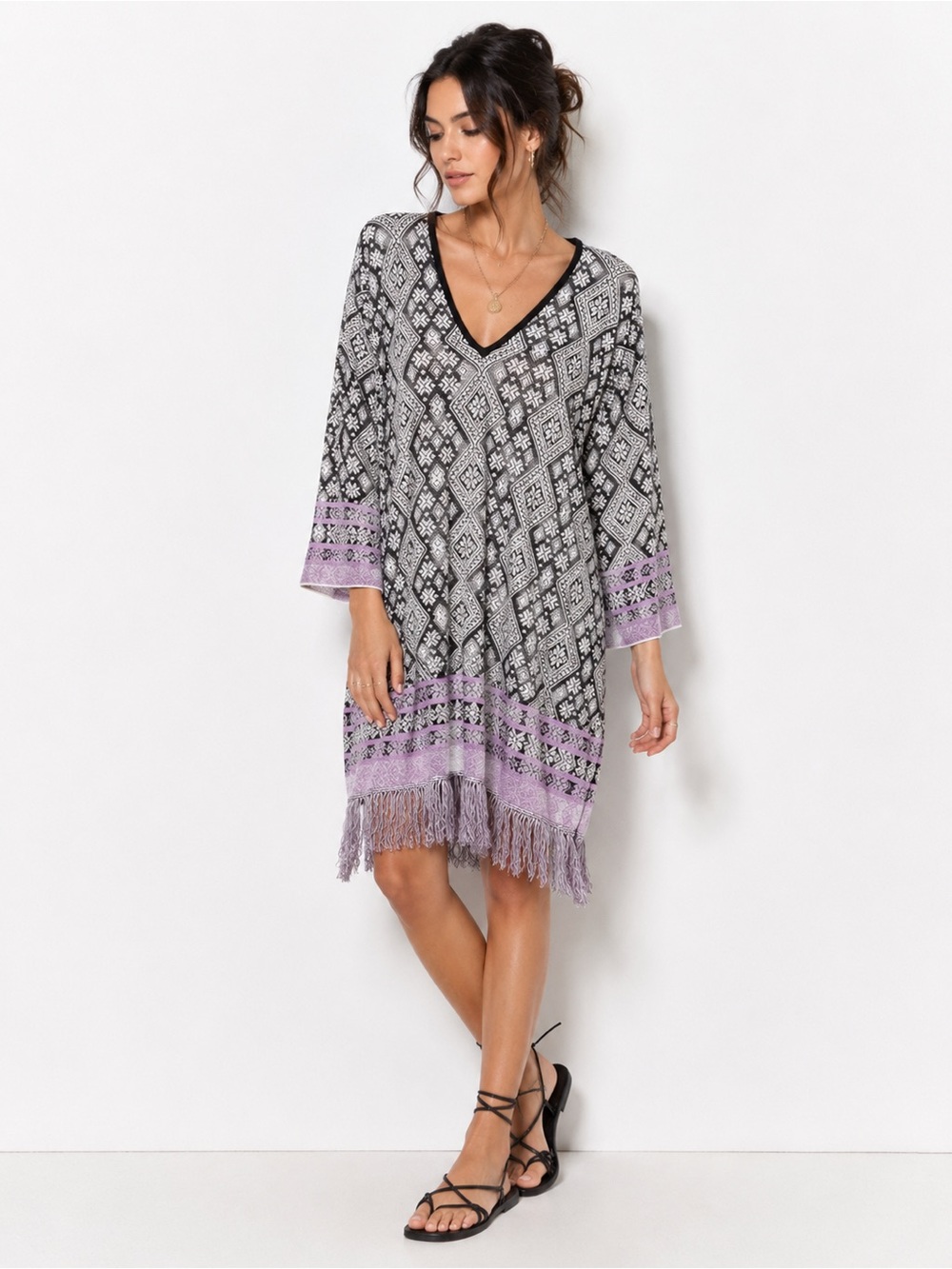 Free People Black & Lavender Geometric Fringe mini dress/tunic S